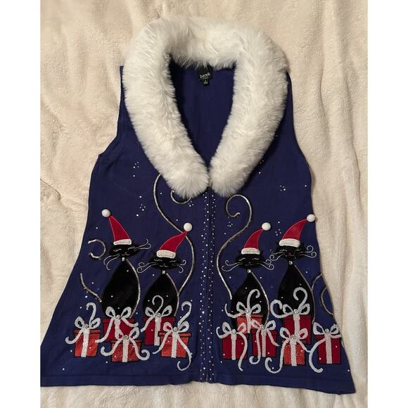 Vintage Large Berek Christmas Sweater Vest With Removable White Faux Fur Collar - Picture 1 of 11